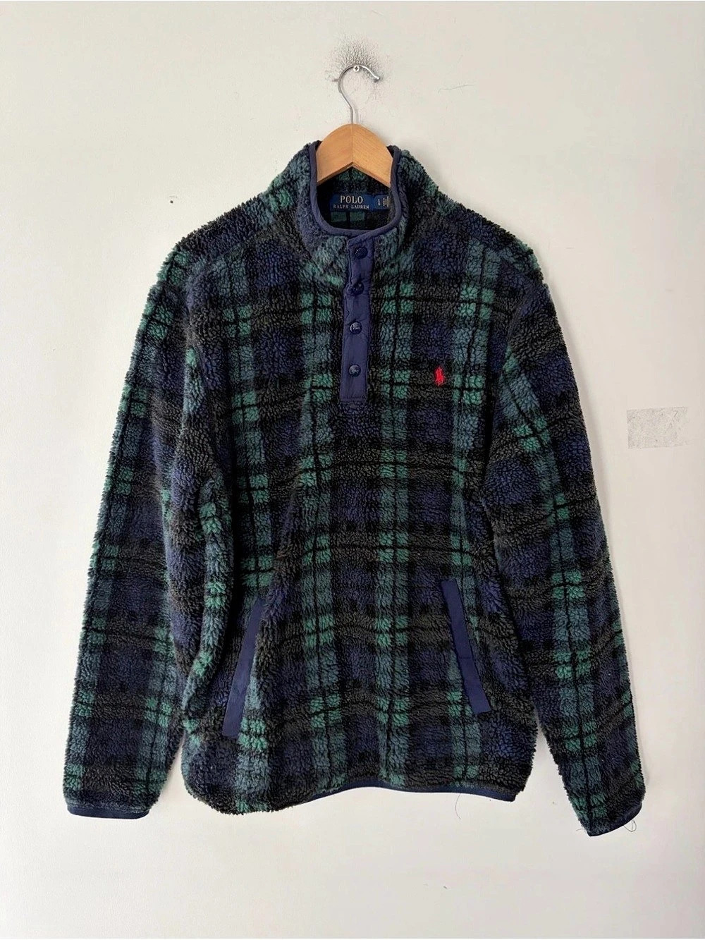 Polo Ralph Lauren Blackwatch Plaid Sherpa Fleece Pullover Blue & Green Size